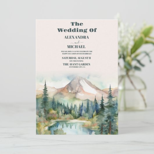Pine Tree Forest Rustic Wasserfarbe Hochzeit Einladung (Stehend Vorderseite)