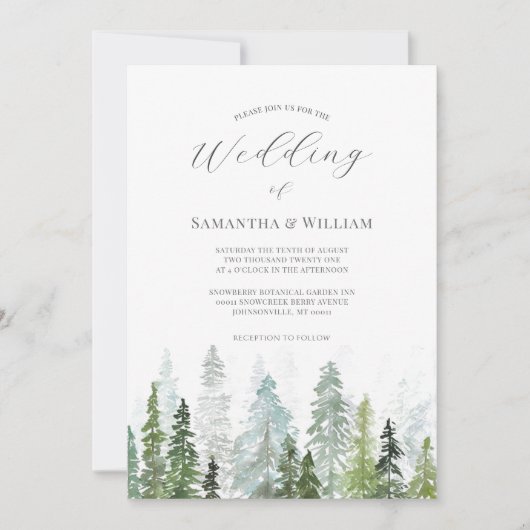 Pine Tree Forest Rustic Wasserfarbe Hochzeit Einladung (Vorderseite)