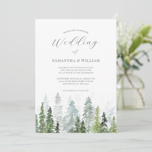 Pine Tree Forest Rustic Wasserfarbe Hochzeit Einladung (Stehend Vorderseite)