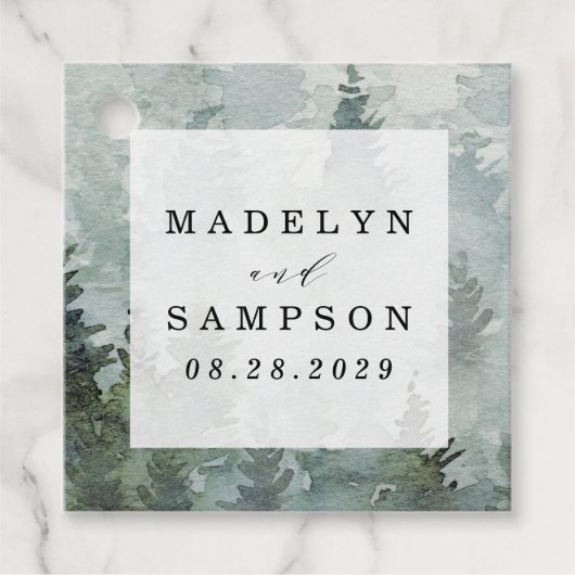 Pine Tree Forest Rustic Wasserfarbe Hochzeit Geschenkanhänger (Vorderseite)