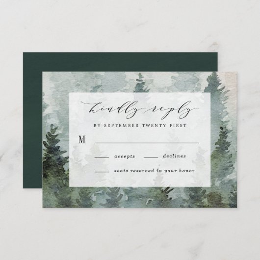 Pine Tree Forest Rustic Wasserfarbe Hochzeit RSVP Karte (Vorne/Hinten)