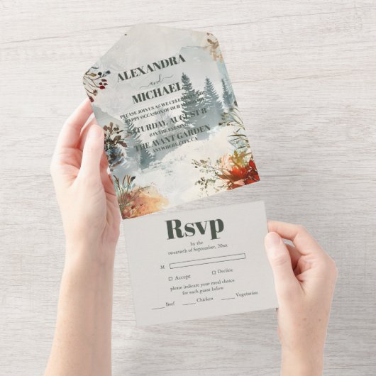 Pine Tree Forest Rustikale Hochzeit All In One Einladung (Abreißen)