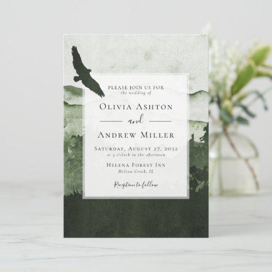 Pine Tree Forest Rustikale Hochzeit mit Wasserfarb Einladung (Stehend Vorderseite)