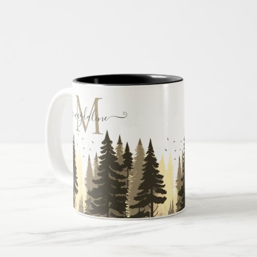 Pine Tree Forest Script Name Monogram Zweifarbige Tasse (Vorderseite Links)