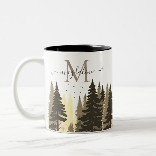 Pine Tree Forest Script Name Monogram Zweifarbige Tasse (Links)