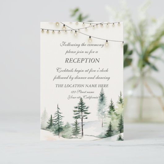 Pine Tree Forest, String Lights Hochzeitsempfang Einladung (Stehend Vorderseite)