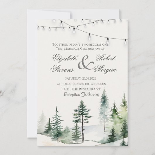 Pine Tree Forest, String Lights Wedding Einladung (Vorderseite)
