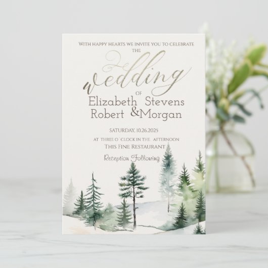Pine Tree Forest, String Lights Wedding Einladung (Stehend Vorderseite)