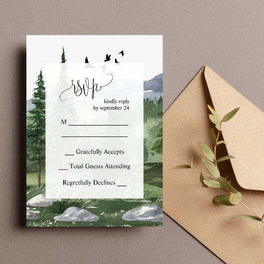 Pine Tree Forest Watercolor Wedding RSVP Card Einladung