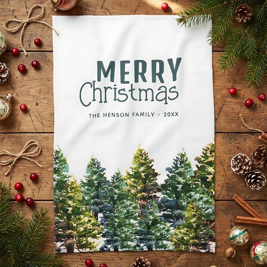 Pine Tree Forest with Snow Watercolor Christmas Geschirrtuch