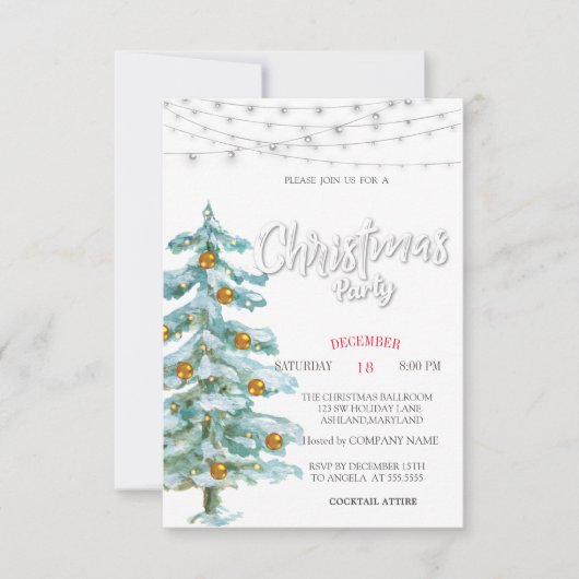 Pine Tree, Gold Balls, Lights Christmas Party Einladung (Vorderseite)