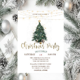 Pine Tree, Gold Stars String Lights Weihnachten Einladung