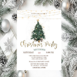 Pine Tree, Gold Stars String Lights Weihnachten Einladung