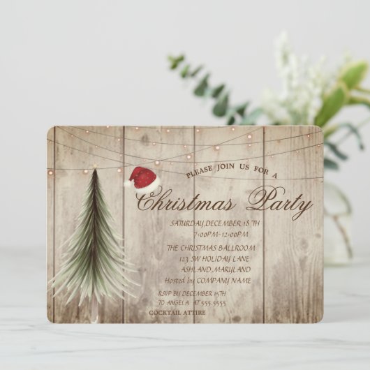 Pine Tree, Holz Textur Weihnachten korporiert Einladung (Stehend Vorderseite)