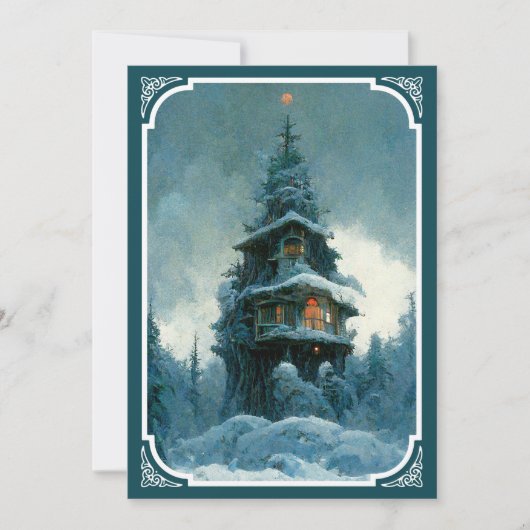 Pine Tree House im Winter | Weihnachtsbaum Einladung (Vorderseite)