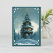 Pine Tree House im Winter | Weihnachtsbaum Einladung (Stehend Vorderseite)