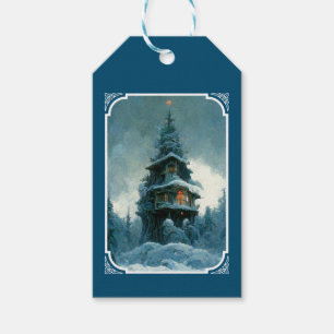 Pine Tree House im Winter   Weihnachtsbaum Geschenkanhänger
