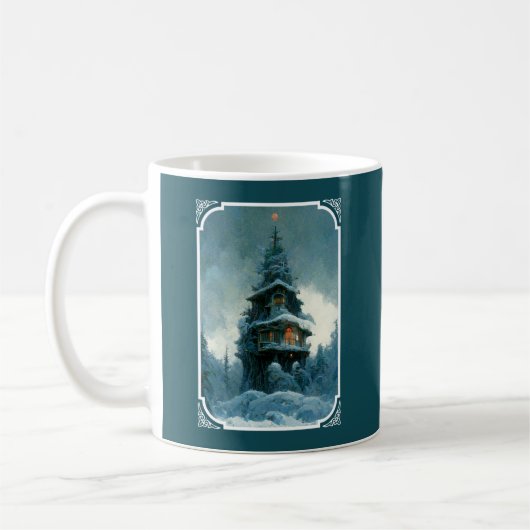 Pine Tree House im Winter | Weihnachtsbaum Kaffeetasse (Links)