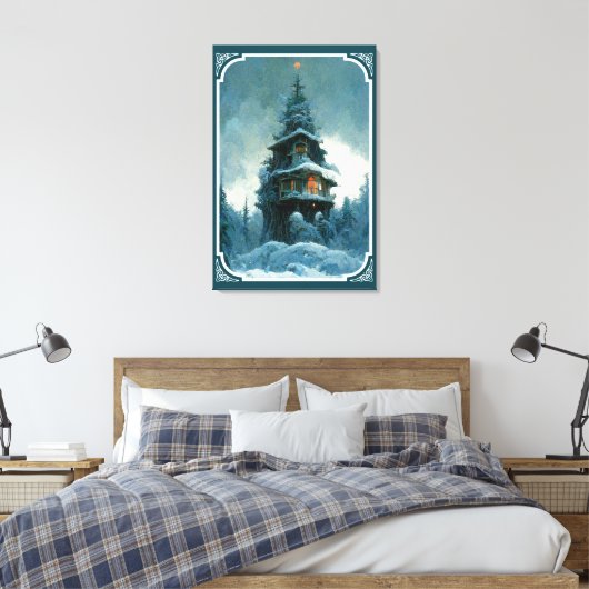 Pine Tree House im Winter | Weihnachtsbaum Leinwanddruck (Insitu (Schlafzimmer))