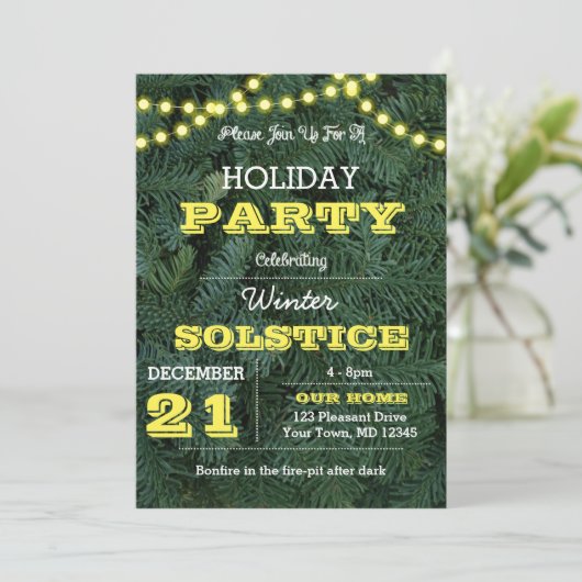 Pine Tree Lights Gelber Urlaub Einladung (Stehend Vorderseite)