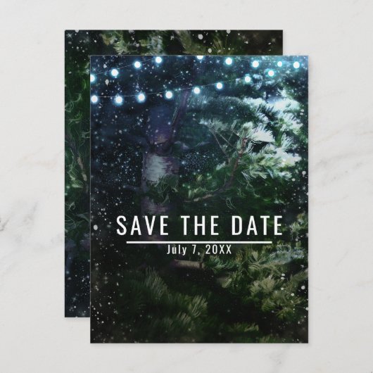Pine Tree & Lights Winterhochzeit Save the Date Ankündigungspostkarte (Vorne/Hinten)