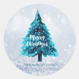 Pine Tree Merry Christmas Blue Holiday Runder Aufkleber