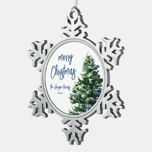 Pine Tree mit Schneeflocken Schneeflocken Zinn-Ornament (Rechts)