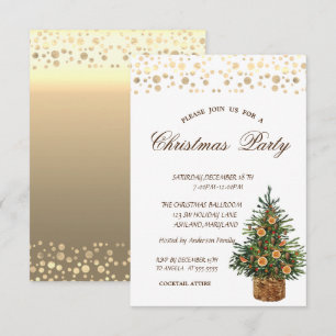 Pine Tree Orange, Gold Dots Weihnachts-Party Einladung