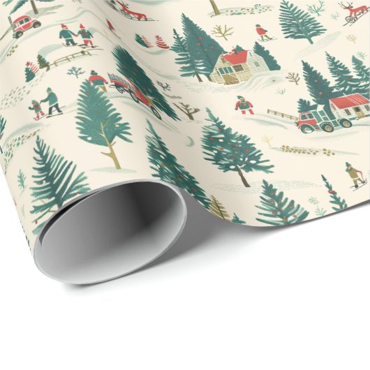 Pine Tree Pattern: Schneehäuser & Dorf Geschenkpapier (Rolleneckpunkt)