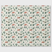 Pine Tree Pattern: Snowy Village with Skier Geschenkpapier (Flach)
