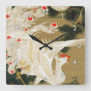 Pine Tree & Phoenix (Liebe Heart Phoenix), Jakuchu Quadratische Wanduhr