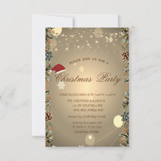 Pine Tree, Pine cones, Stars, Weihnachtsmannmütze Einladung (Vorderseite)