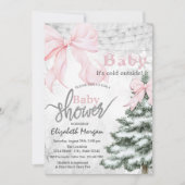Pine Tree Pink Bow Snowflakes Baby Shower Einladung (Vorderseite)