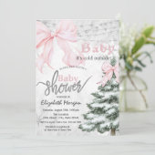  Pine Tree Pink Bow Snowflakes Baby Shower Einladung (Stehend Vorderseite)