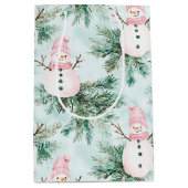 Pine Tree Pink White Snowman Girl Christmas Mittlere Geschenktüte (Vorderseite)