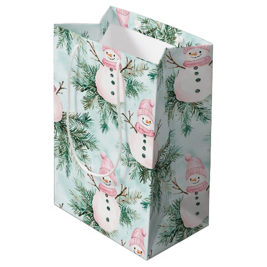 Pine Tree Pink White Snowman Girl Christmas Mittlere Geschenktüte (Rückseite Schrägansicht)