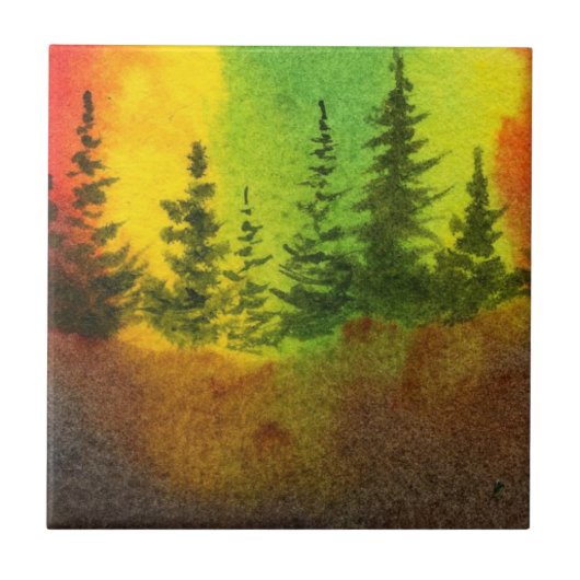 Pine Tree Rainbow Sky Morning Nature Tile Fliese (Vorderseite)