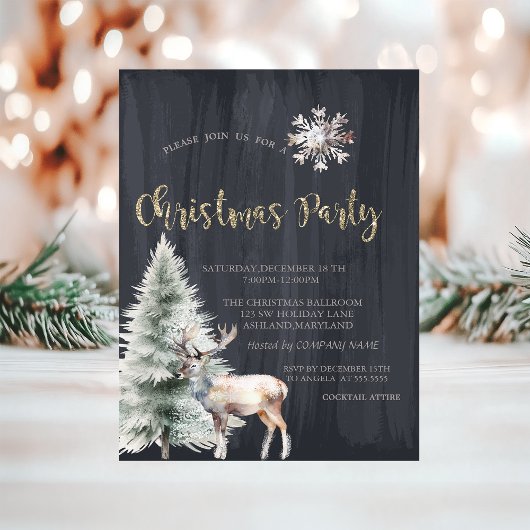 Pine Tree, Rentier, Schneeflocke Schwarzes Weihnac Einladung