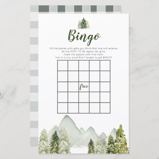 Pine Tree Rustic Adventure Bingo Games Baby Dusche (Vorne/Hinten)