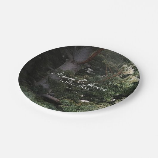 Pine Tree Rustic Forest Woods Hochzeitsempfang Pappteller (Schrägansicht)