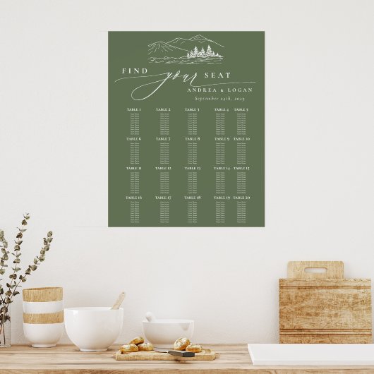 Pine Tree Rustic Mountains Hochzeitsdiagramm Poster (Küche)