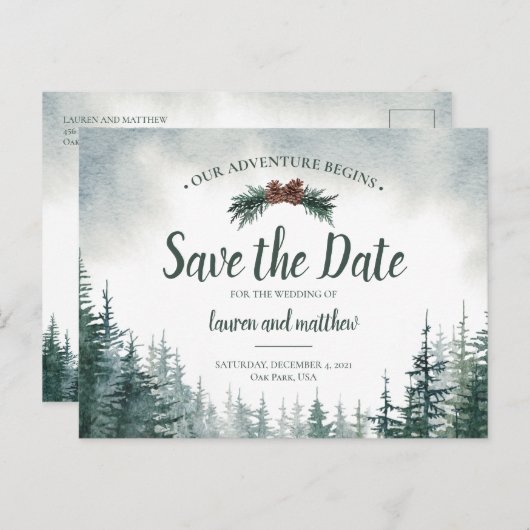 Pine Tree Rustic Wedding Save the Date Postcard Postkarte (Vorne/Hinten)