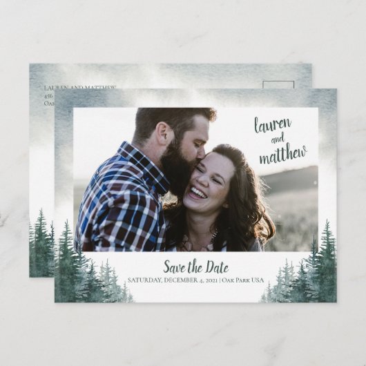 Pine Tree Rustic Wedding Save the Date with Foto Postkarte (Vorne/Hinten)