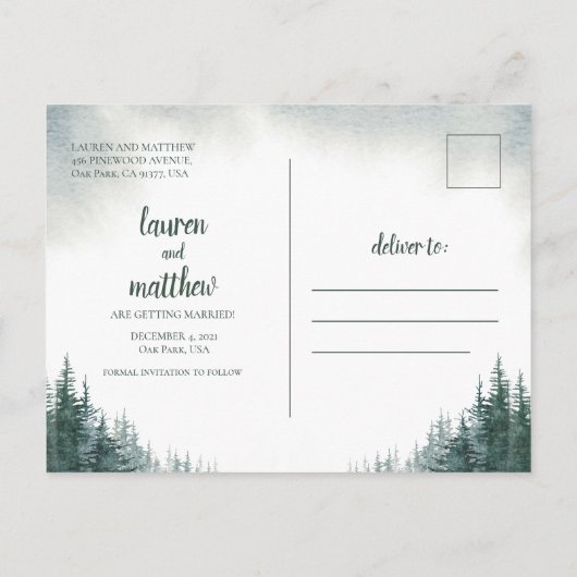 Pine Tree Rustic Wedding Save the Date with Foto Postkarte (Rückseite)