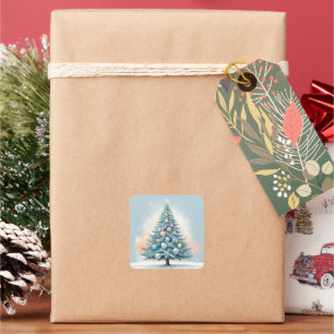 Pine Tree Snowflakes Blauer Orangenkorallendekor Quadratischer Aufkleber