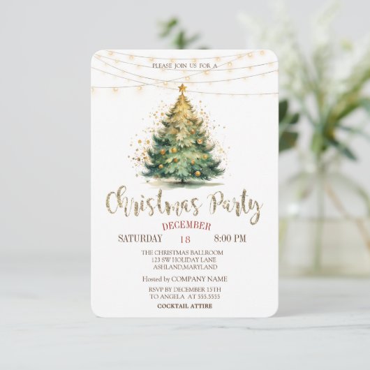 Pine Tree,String Lights Grün Weihnachtsfest Party Einladung (Stehend Vorderseite)
