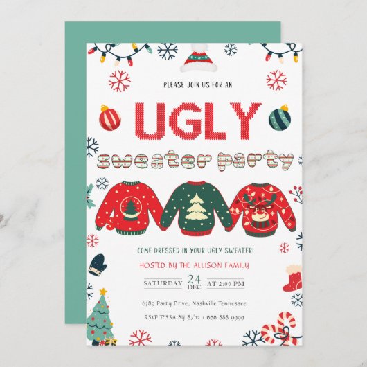 Pine tree Ugly Sweater Christmas Party Einladung (Vorne/Hinten)