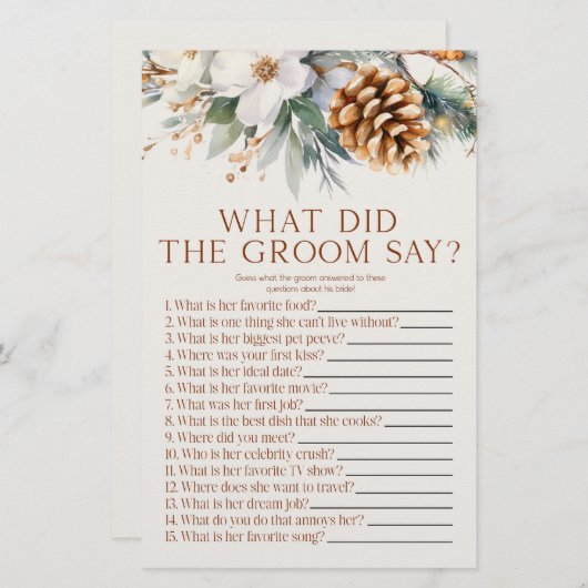 Pine Tree Was der Groom sagt Brautparty Game Briefpapier (Vorne/Hinten)