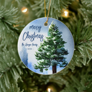 Pine Tree with Snow Watercolor Malerei Weihnachten Keramik Ornament