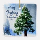 Pine Tree with Snow Watercolor Malerei Weihnachten Keramikornament (Rückseite)